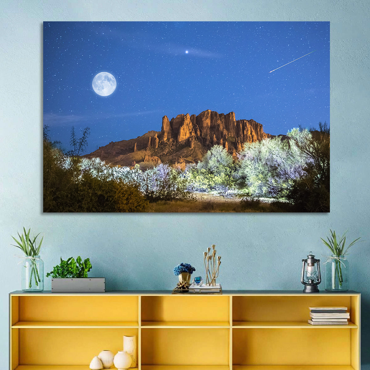 Moonlit Superstition Mountains Arizona Wall Art in a room, landscape