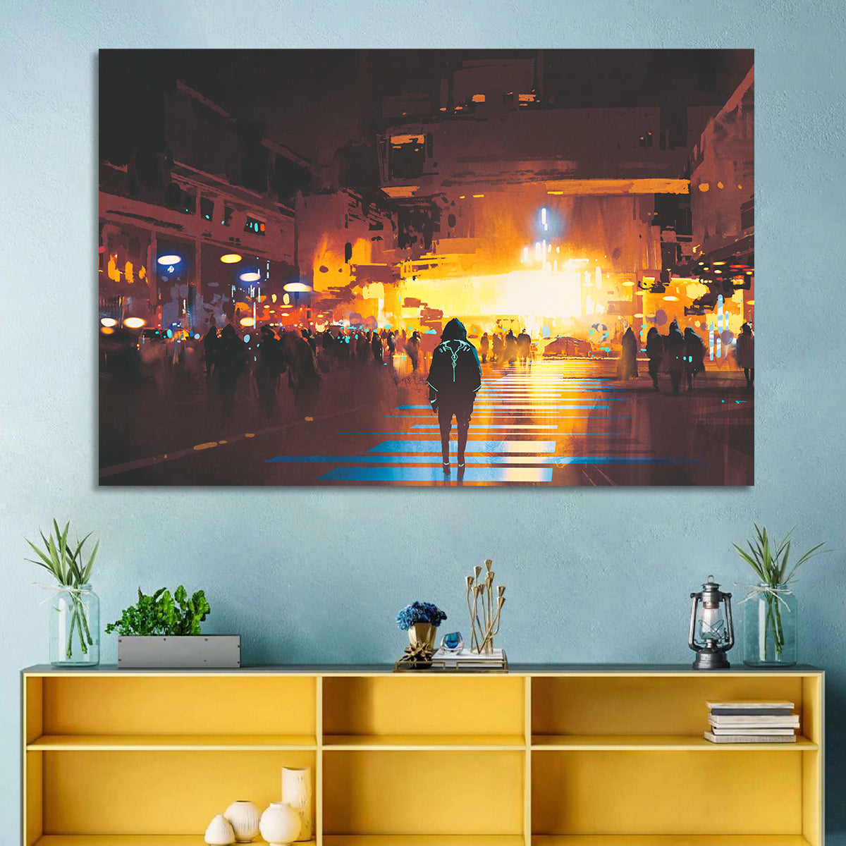 Futuristic Neon Cityscape Wall Art in a room, landscape
