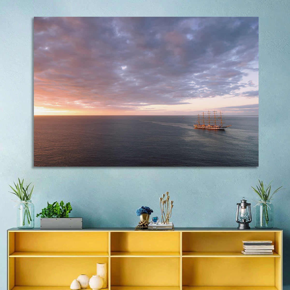 Sunlit Tall Ship at Sea Wall Art in a room, landscape