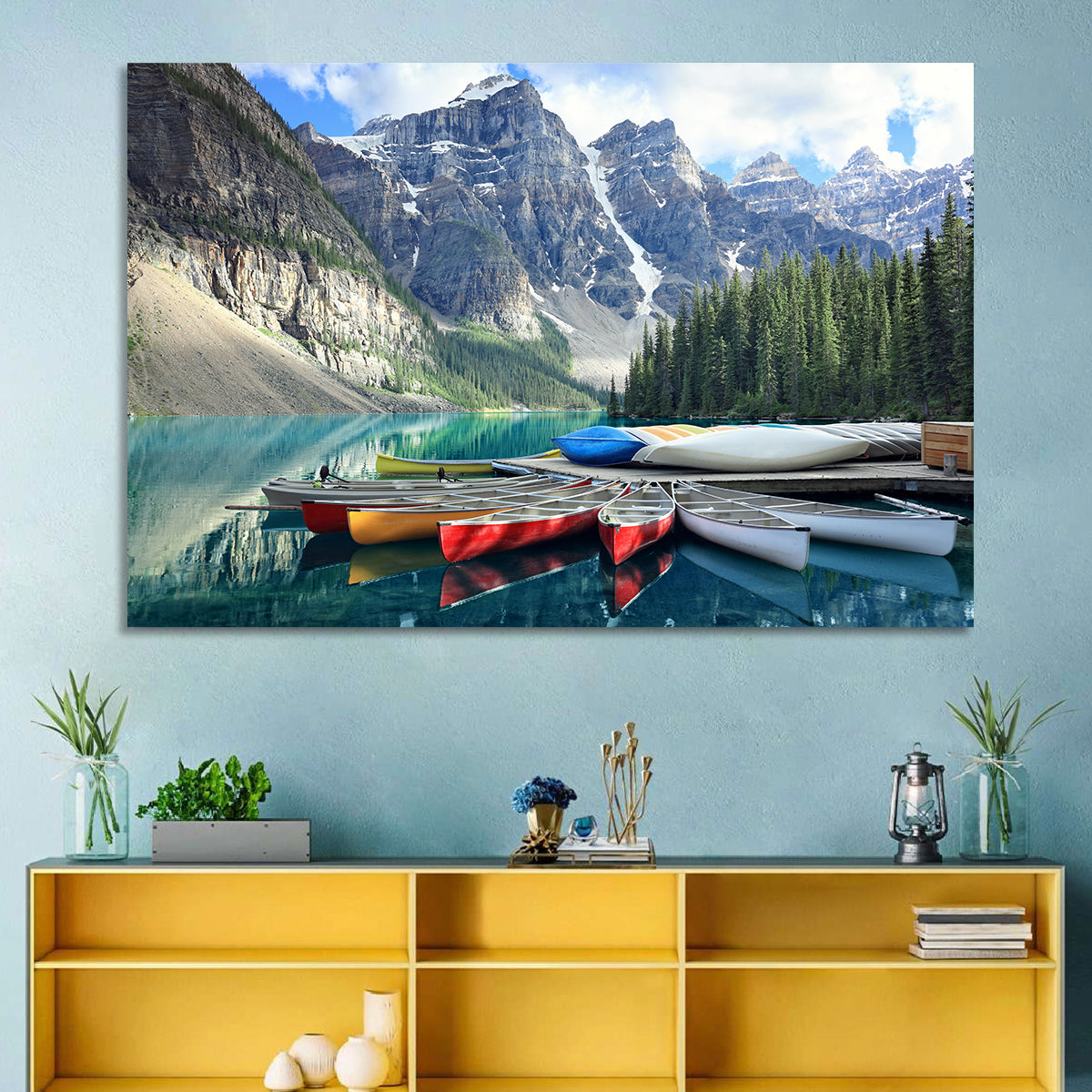 Moraine Lake Canoes at Lake Louise Wall Art in a room, landscape
