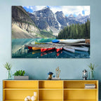 Moraine Lake Canoes at Lake Louise Wall Art