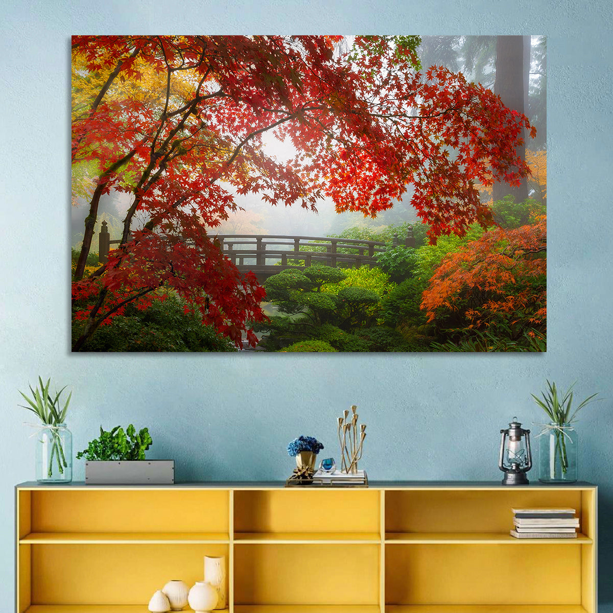 Portland Moon Bridge in Autumn Mist Wall Art in a room, landscape