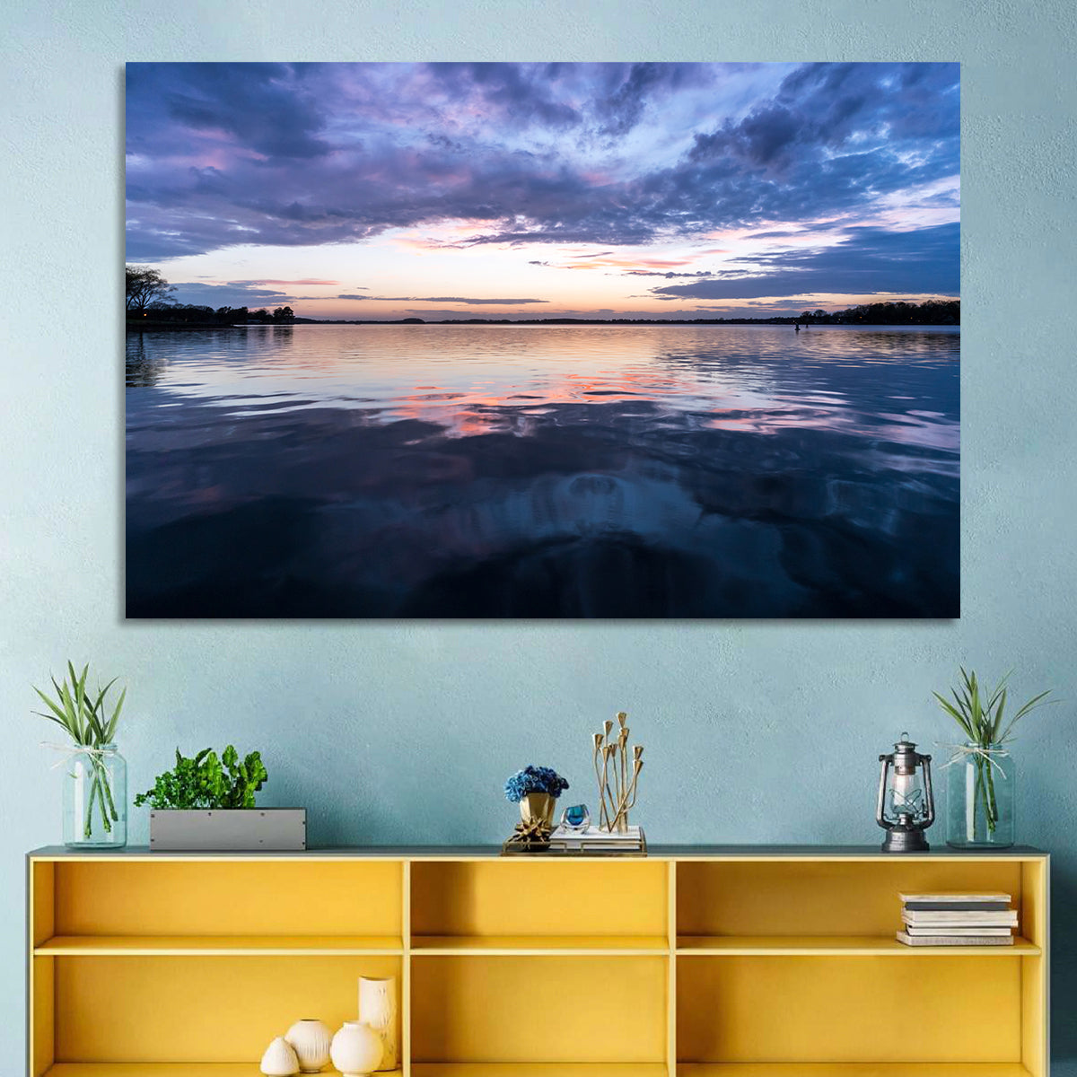 Lake Norman Sunset Reflection Wall Art in a room, landscape