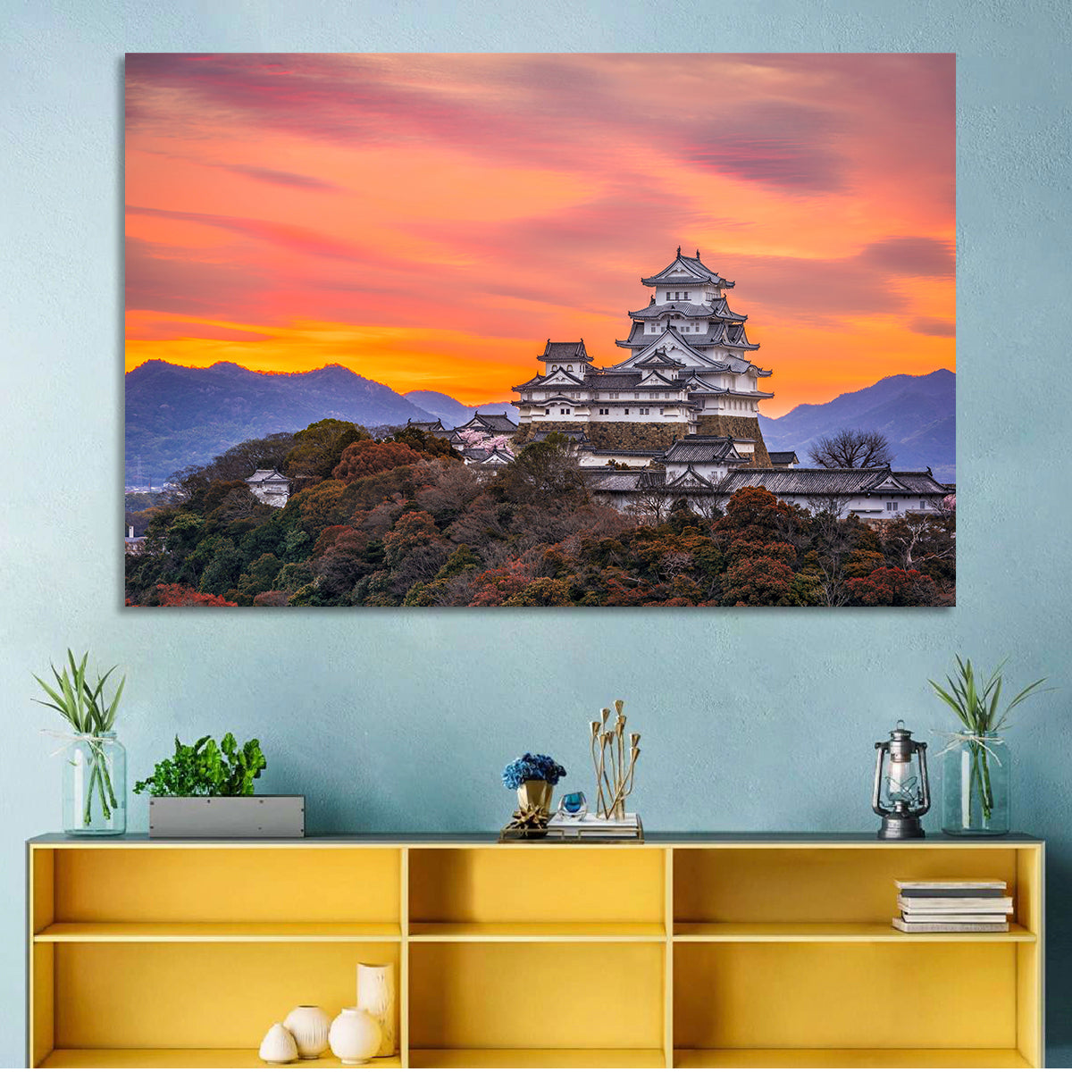 Himeji Castle at Sunrise Wall Art in a room, landscape