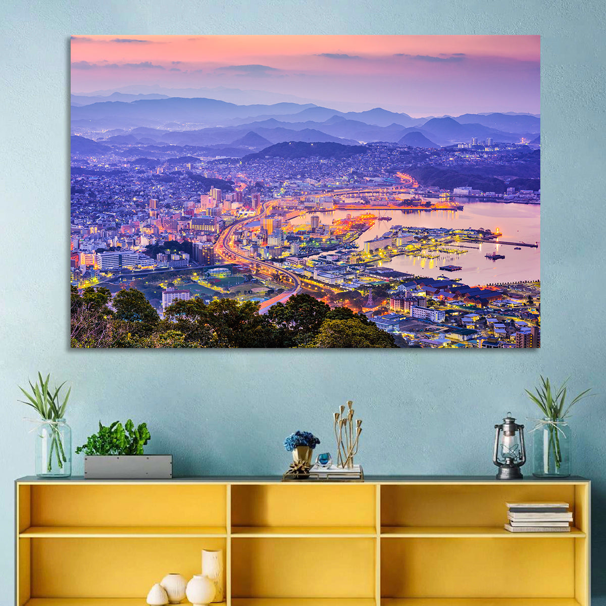 Sasebo Downtown Twilight Harbor Wall Art in a room, landscape