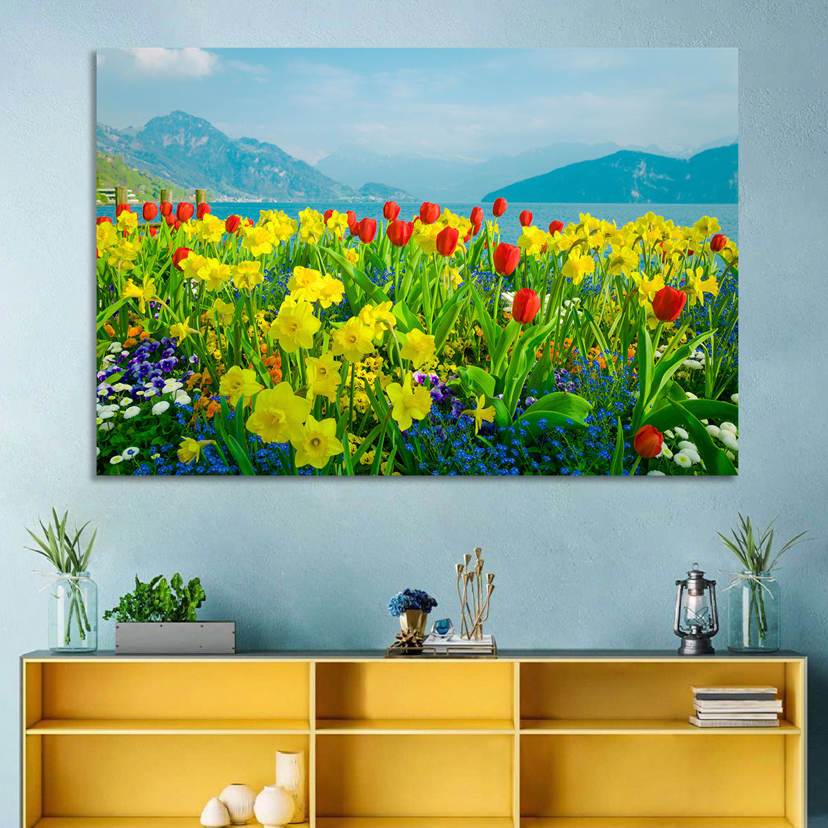 Lake Lucerne Daffodils Wall Art in a room, landscape
