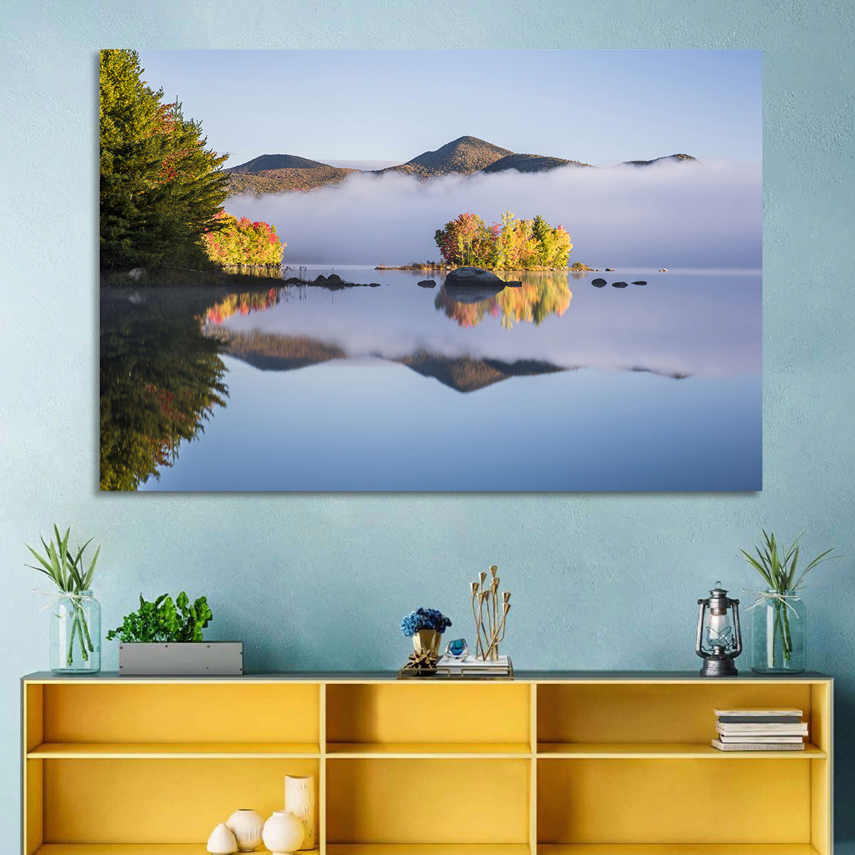 Autumn Morning at Chittenden Lake, Vermont Wall Art in a room, landscape