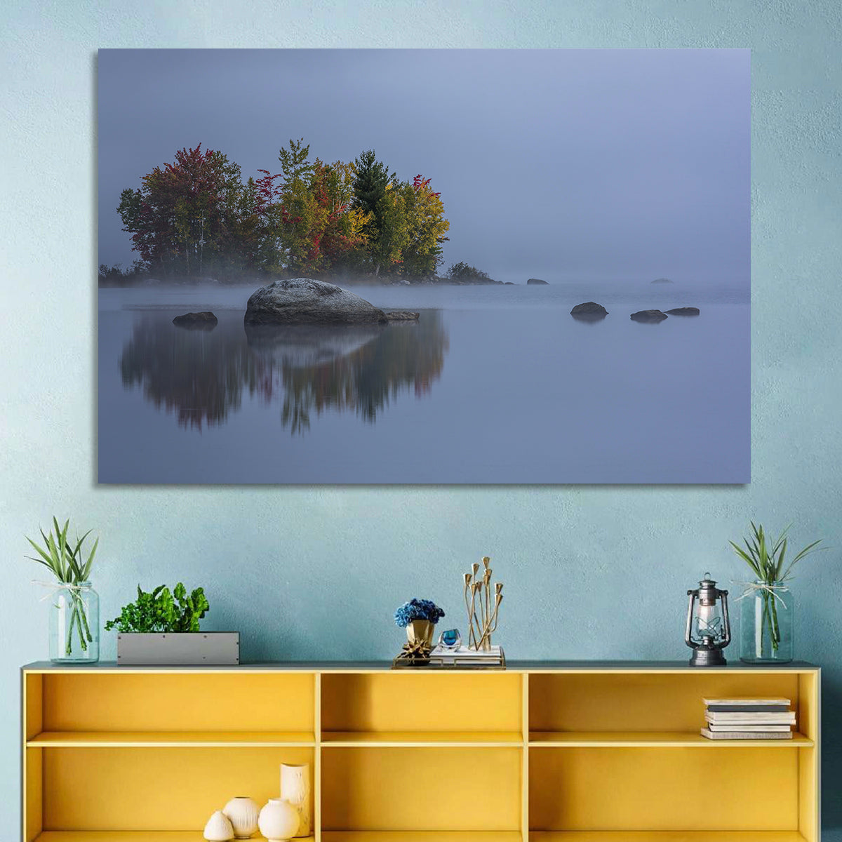 Morning Mist Over Chittenden Lake Wall Art in a room, landscape