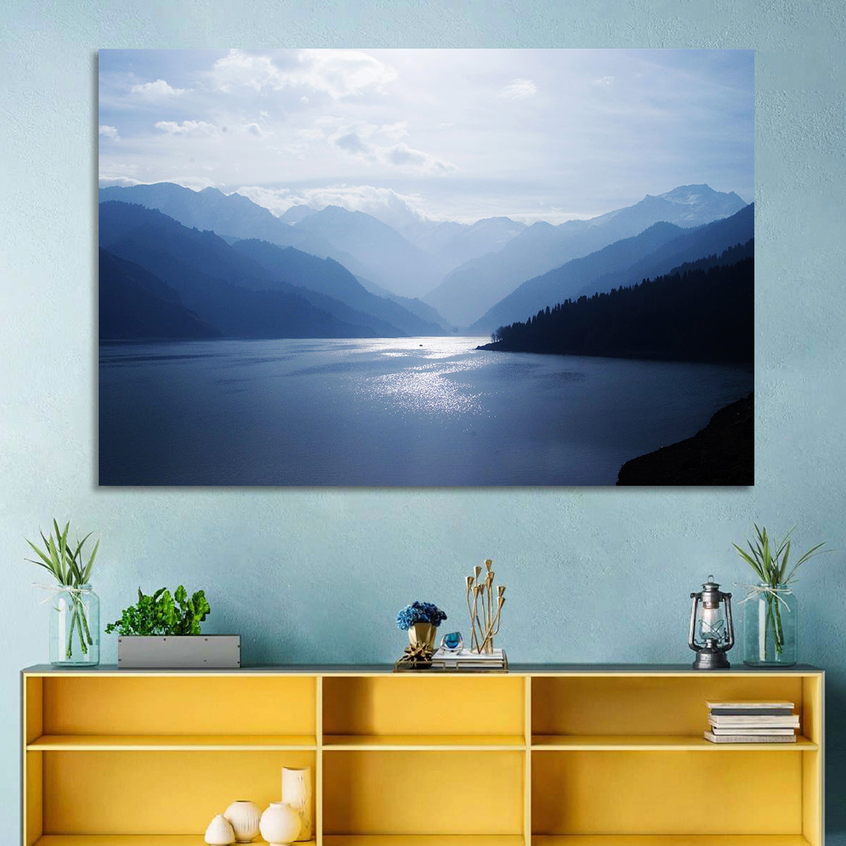 Xinjiang Lakeshore Serenity Wall Art in a room, landscape