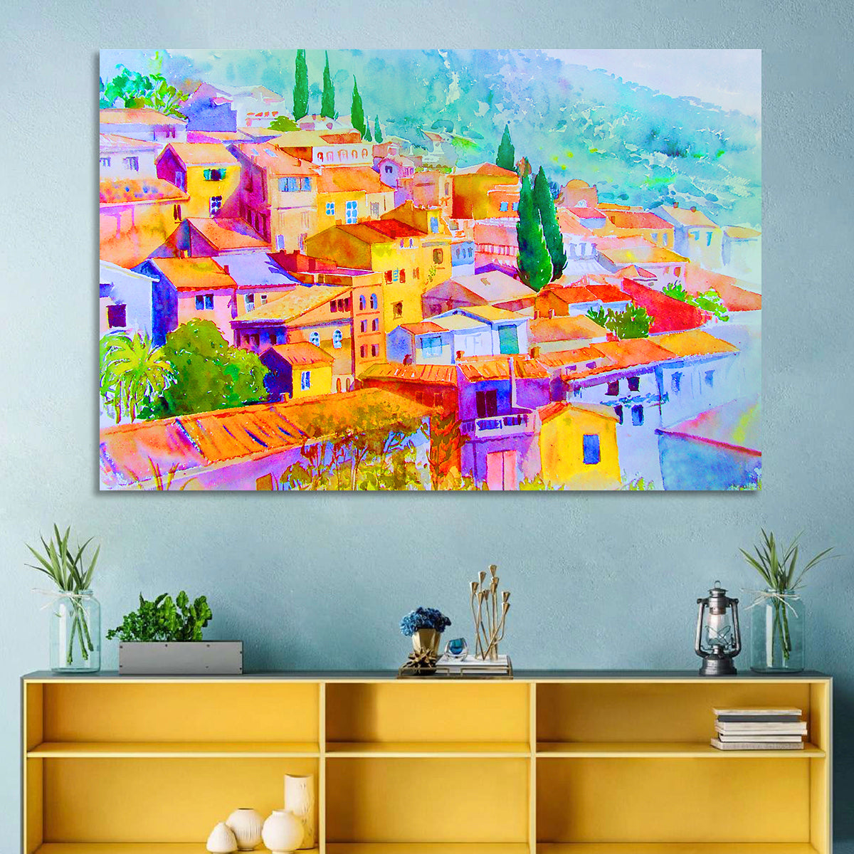 Mediterranean Hillside Watercolor Village Wall Art in a room, landscape