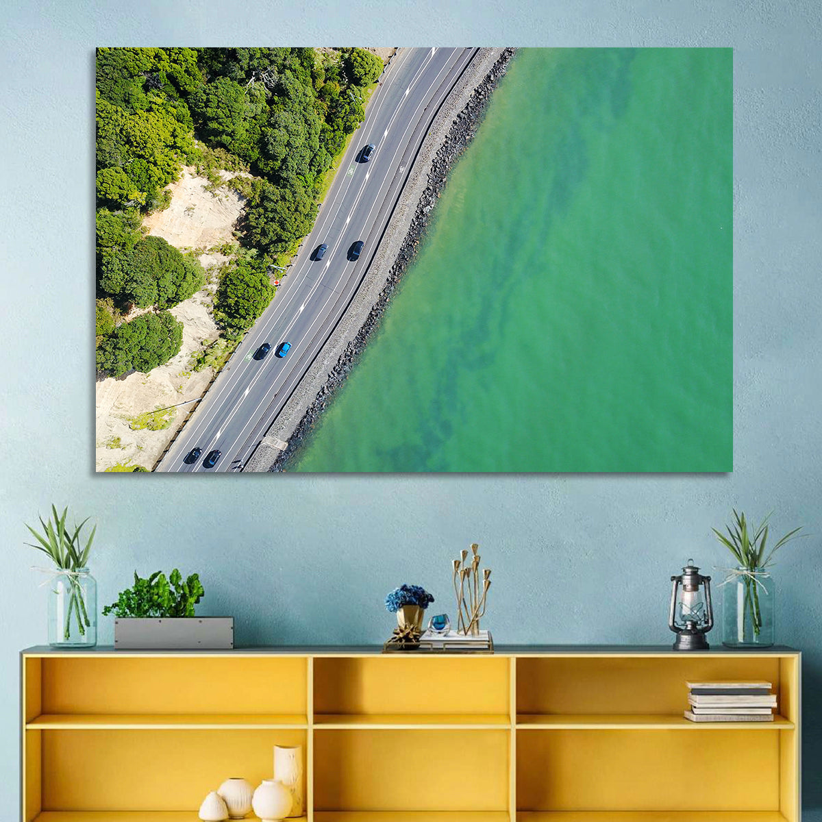 Auckland Coastal Highway Aerial View Wall Art in a room, landscape