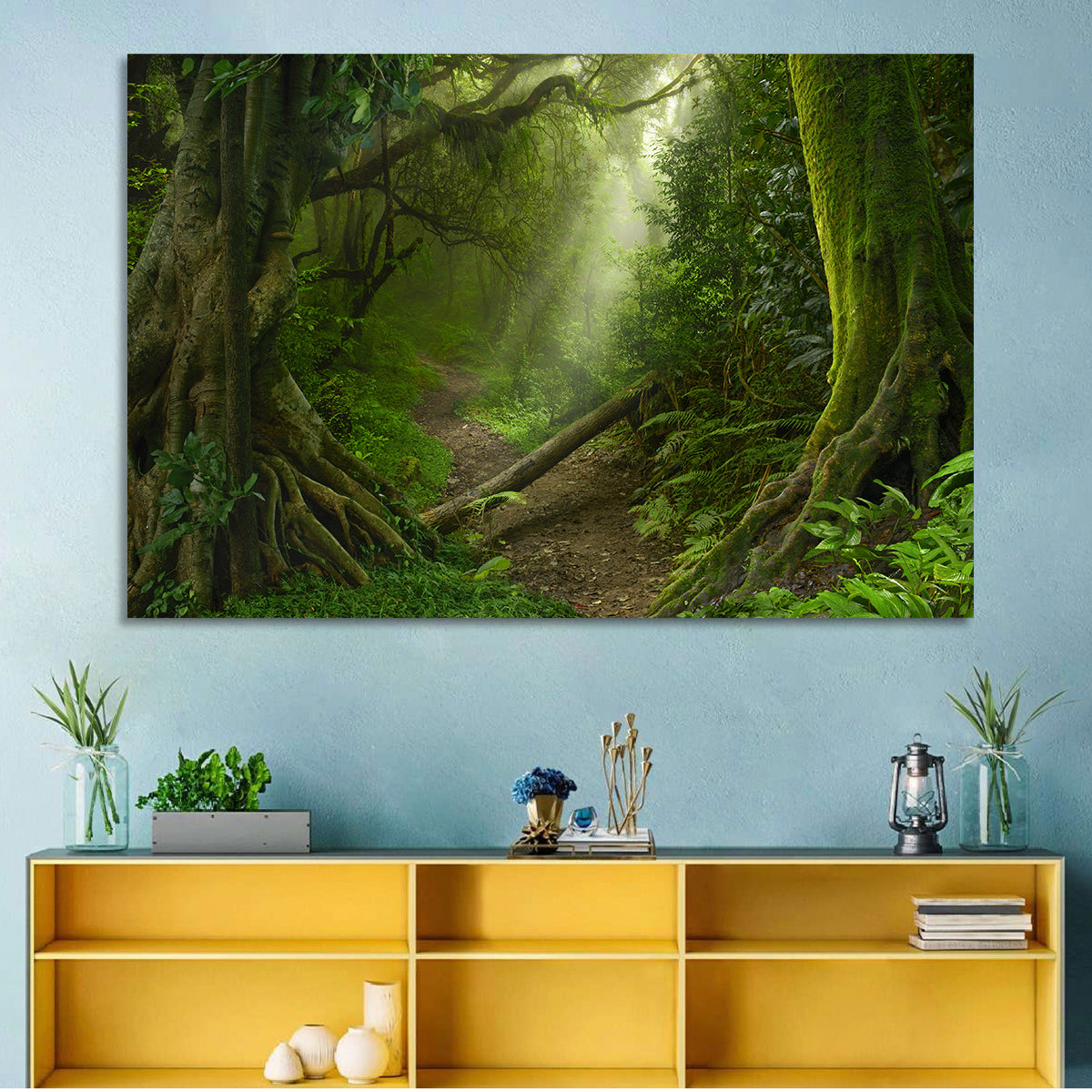 Moss-covered Rainforest Path Wall Art in a room, landscape