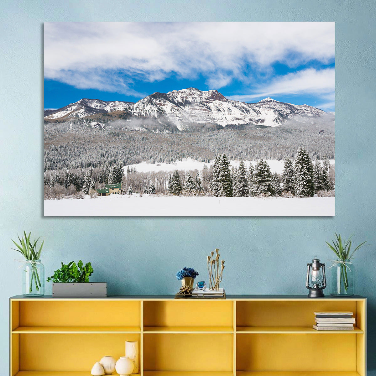 Colorado Snowy Mountain Cabin Wall Art in a room, landscape