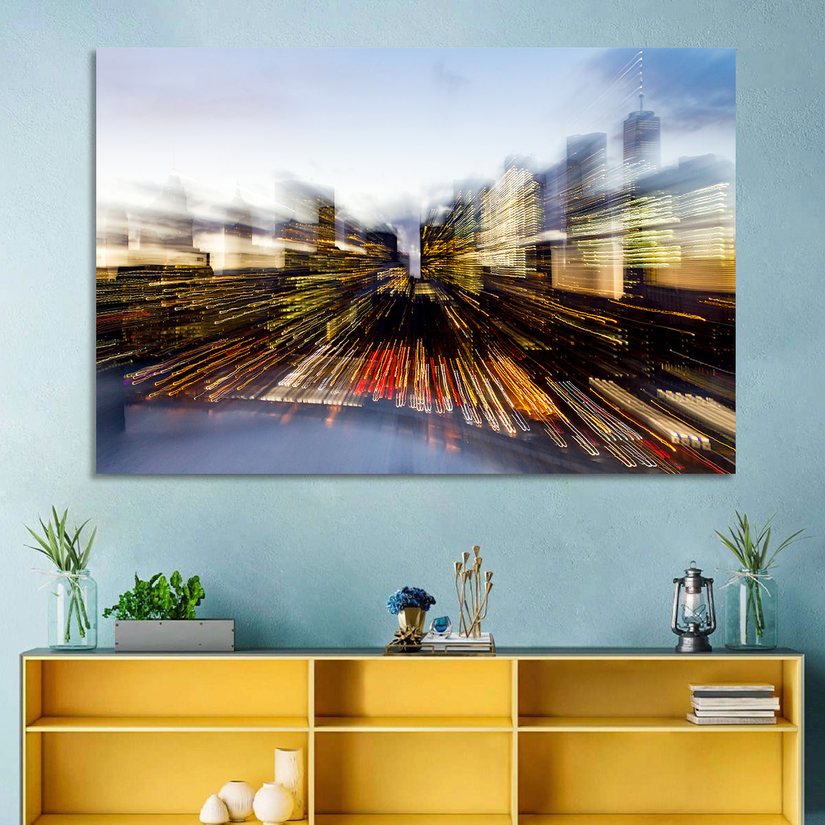Zoom Burst Skyline Abstract Wall Art in a room, landscape