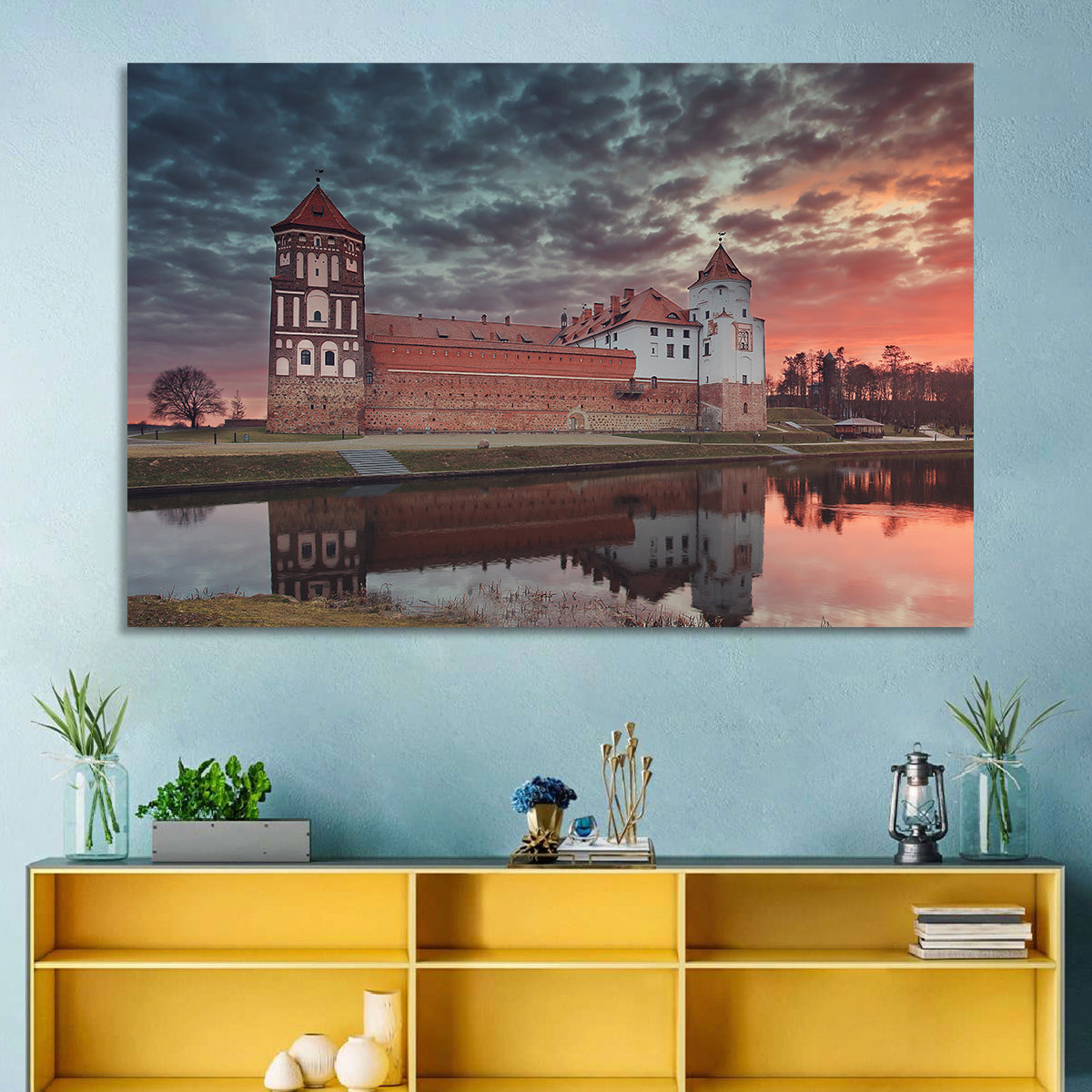 Mir Castle at Dusk Wall Art in a room, landscape
