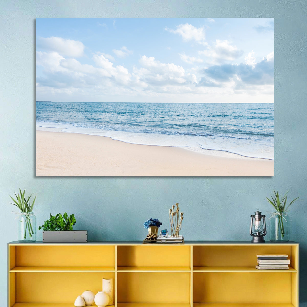Minimalist Sandy Beach and Gentle Waves Wall Art in a room, landscape