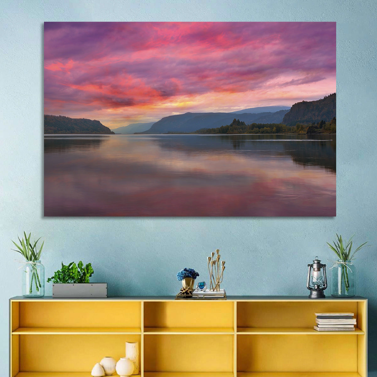 Sunrise Over River Gorge Wall Art in a room, landscape