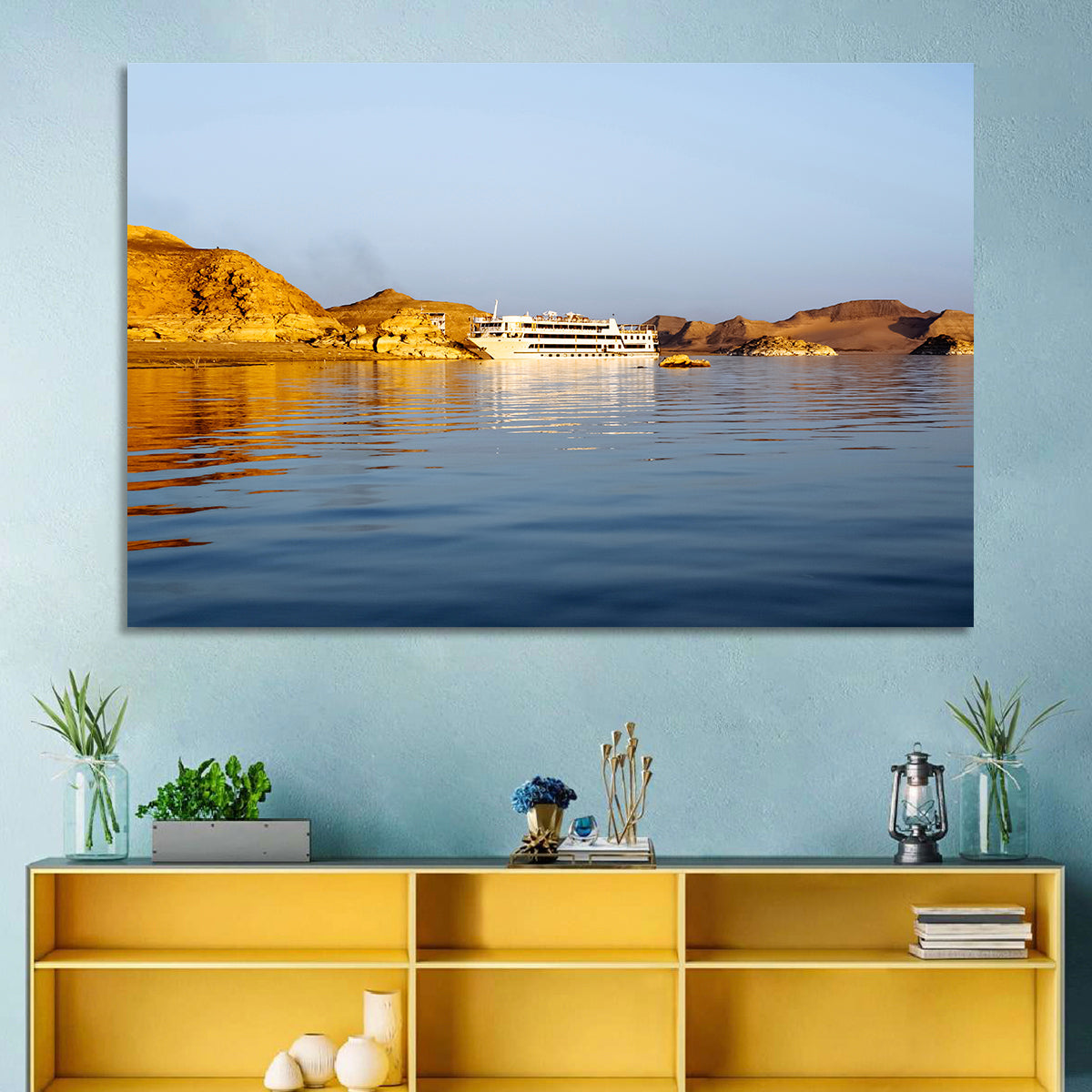 Lake Nasser Cruise Ship at Golden Hour Wall Art in a room, landscape