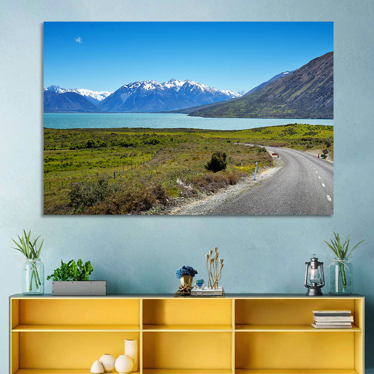Winding Road at Lake Ohau Wall Art in a room, landscape
