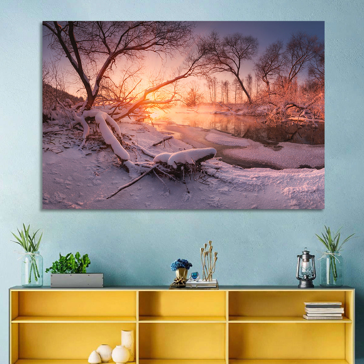 Sunset Over Snowy Forest Lake Wall Art in a room, landscape