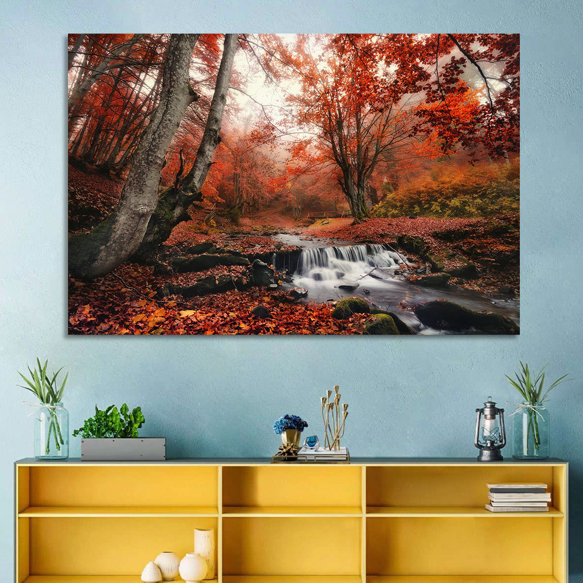 Autumn Forest Stream with Footbridge Wall Art