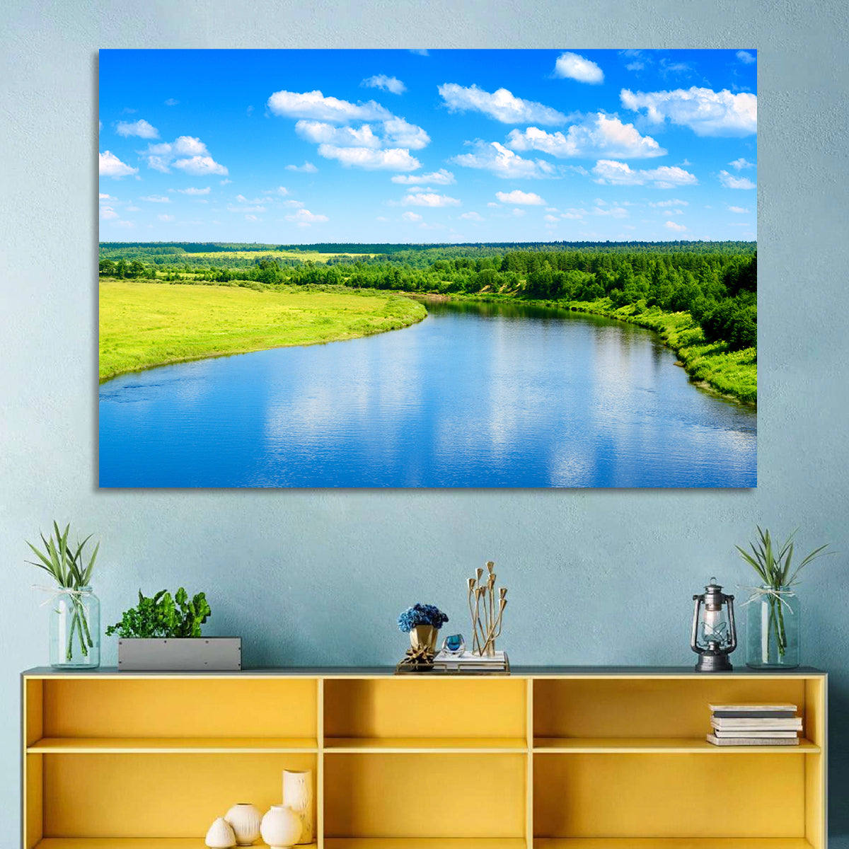 Blue River Meadow Wall Art in a room, landscape