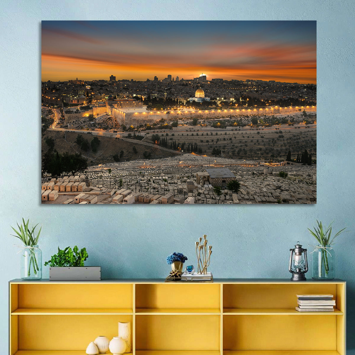 Jerusalem Sunset Over Temple Mount Wall Art in a room, landscape