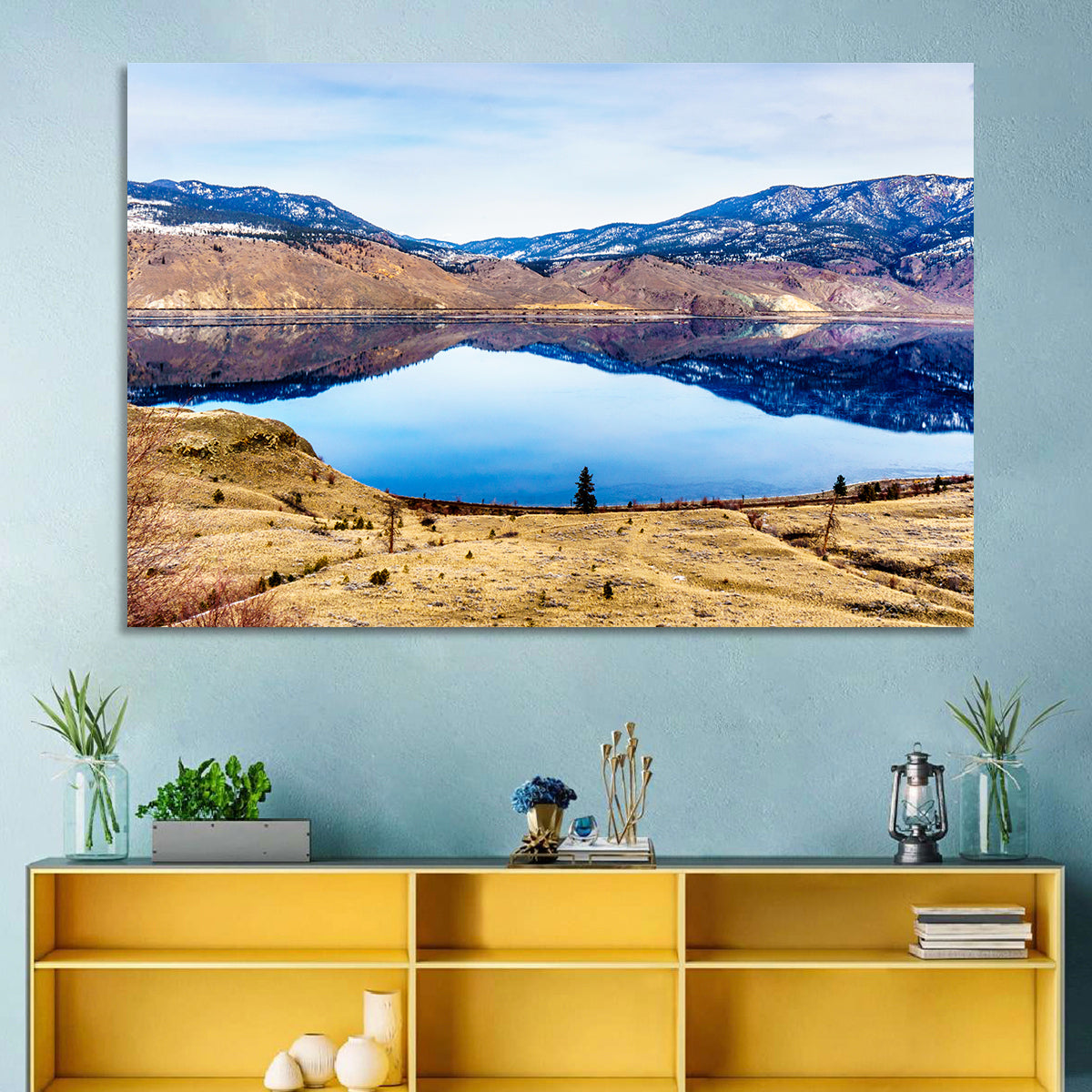 Kamloops Lake Sunset with Snow Capped Peaks Wall Art in a room, landscape