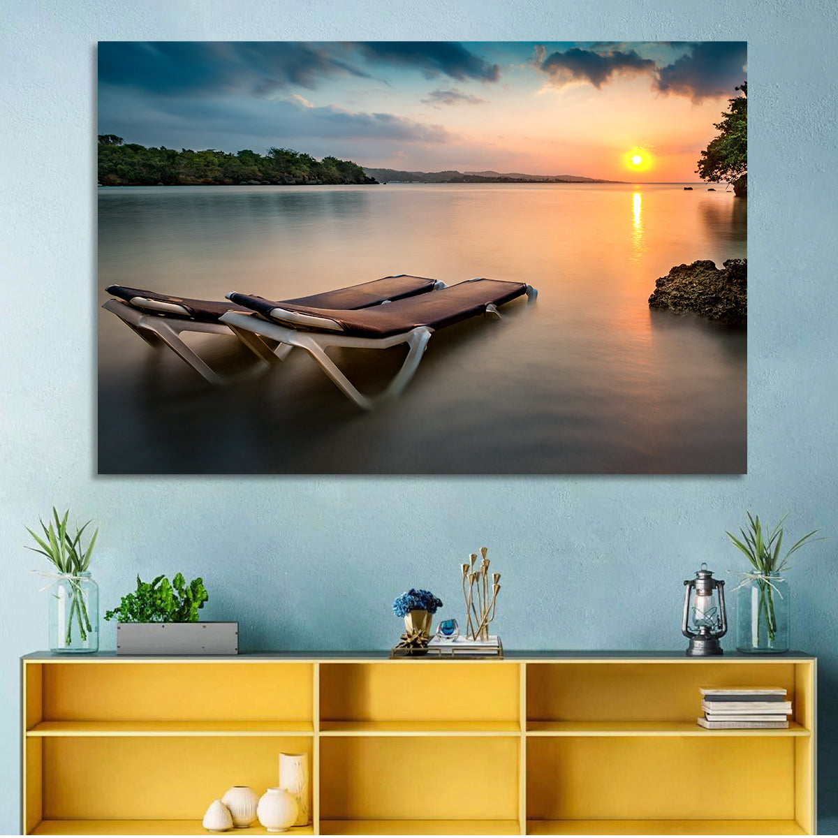 Sunset Over Coastal Lounge Chairs Wall Art in a room, landscape