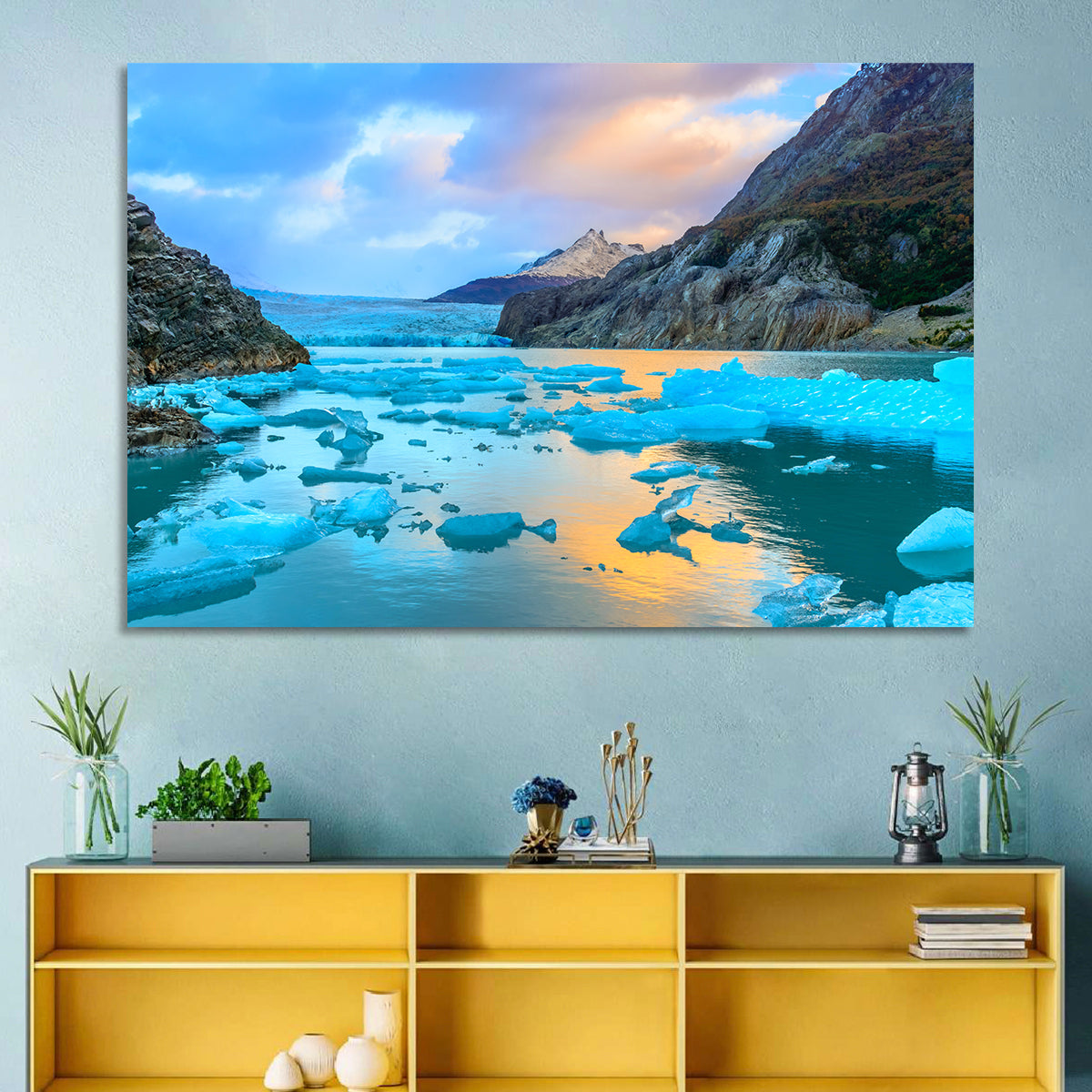 Grey Glacier at Sunset Wall Art in a room, landscape
