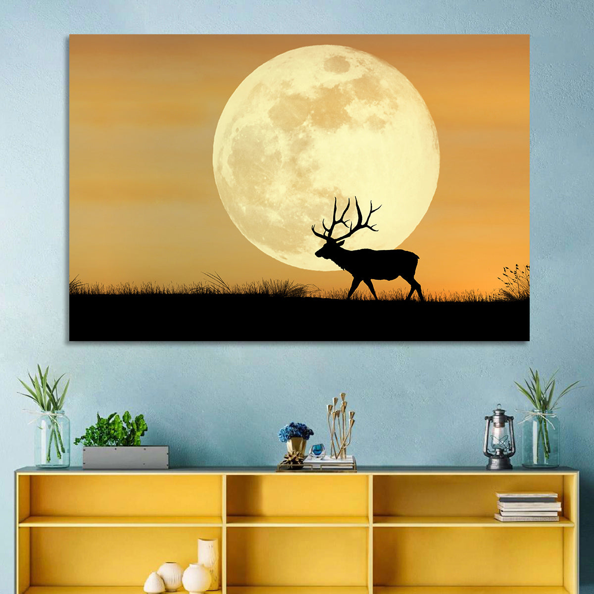 Bull Elk Silhouette Under Supermoon Wall Art