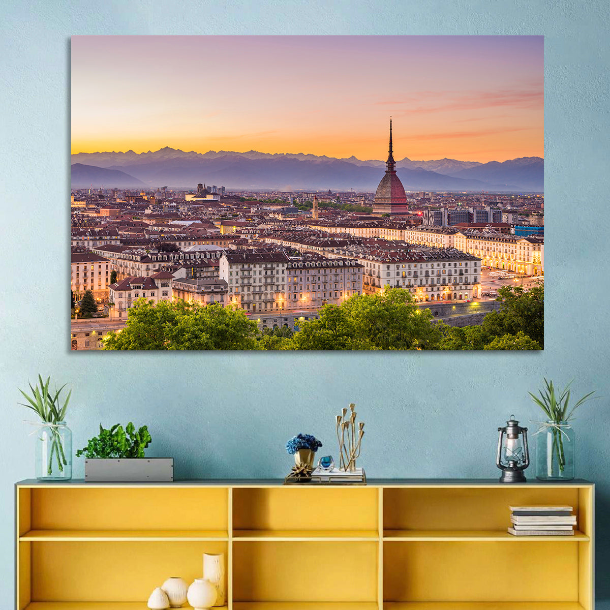 Turin Skyline at Golden Dusk Wall Art in a room, landscape