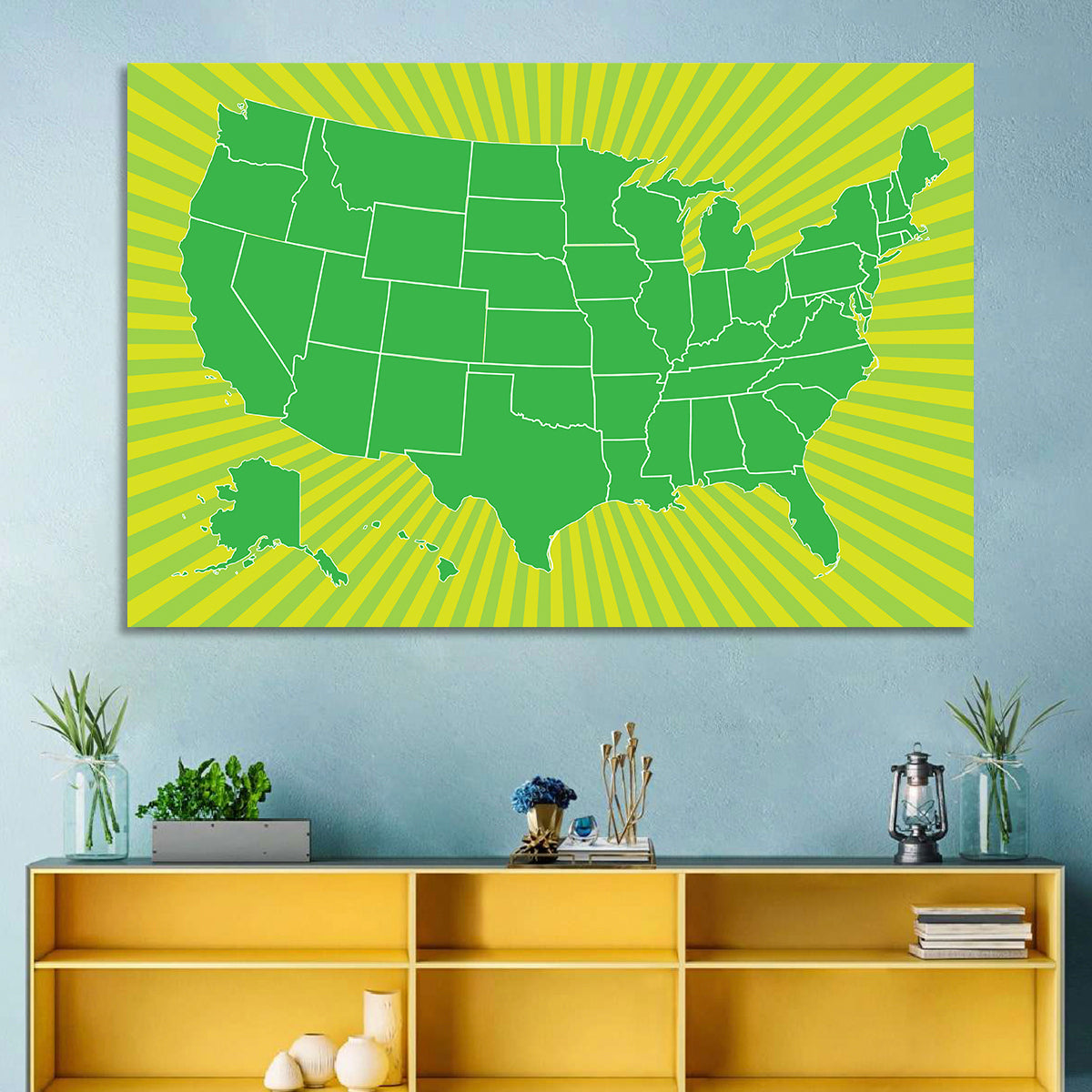 Green Sunburst USA Map Wall Art