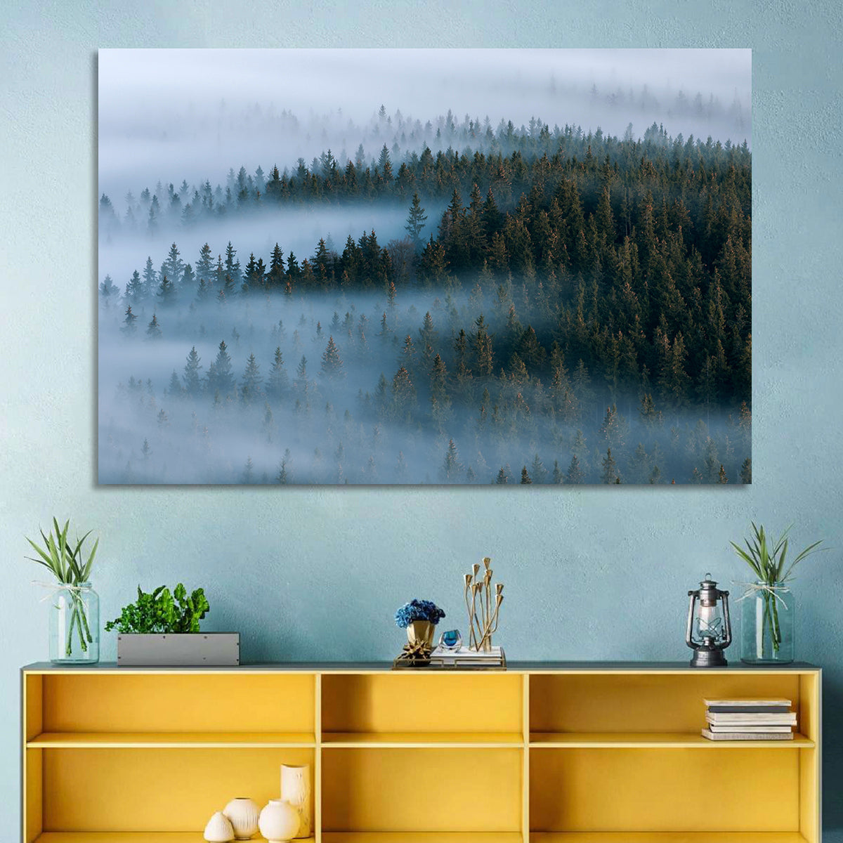 Morning Mist Over Pine Valley Wall Art in a room, landscape