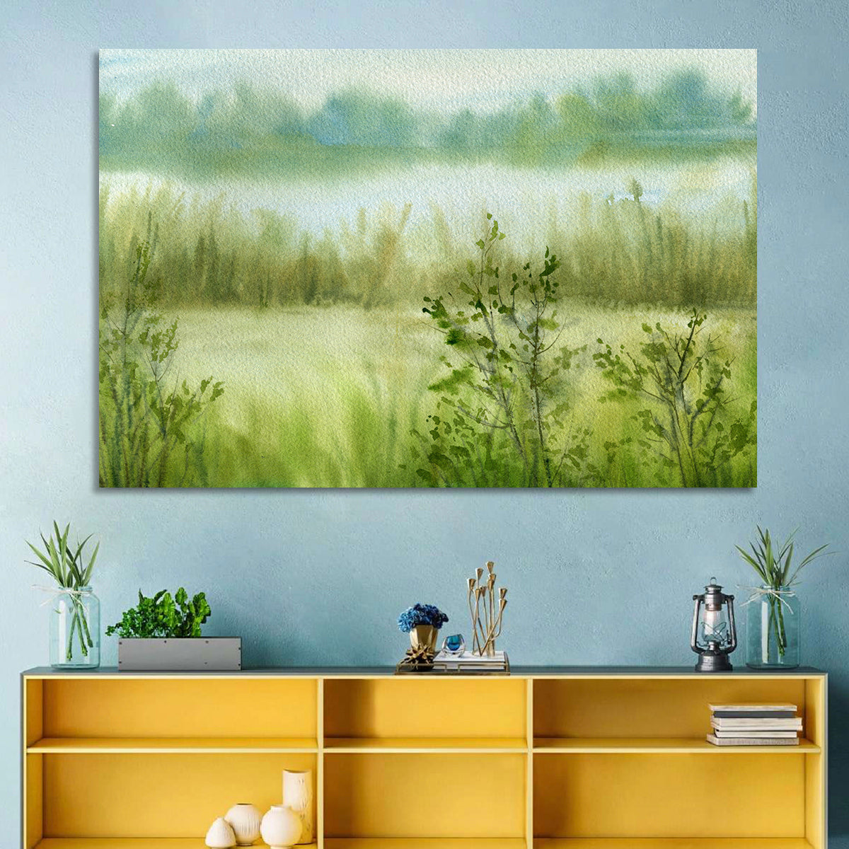 Misty River Meadow Watercolor Wall Art