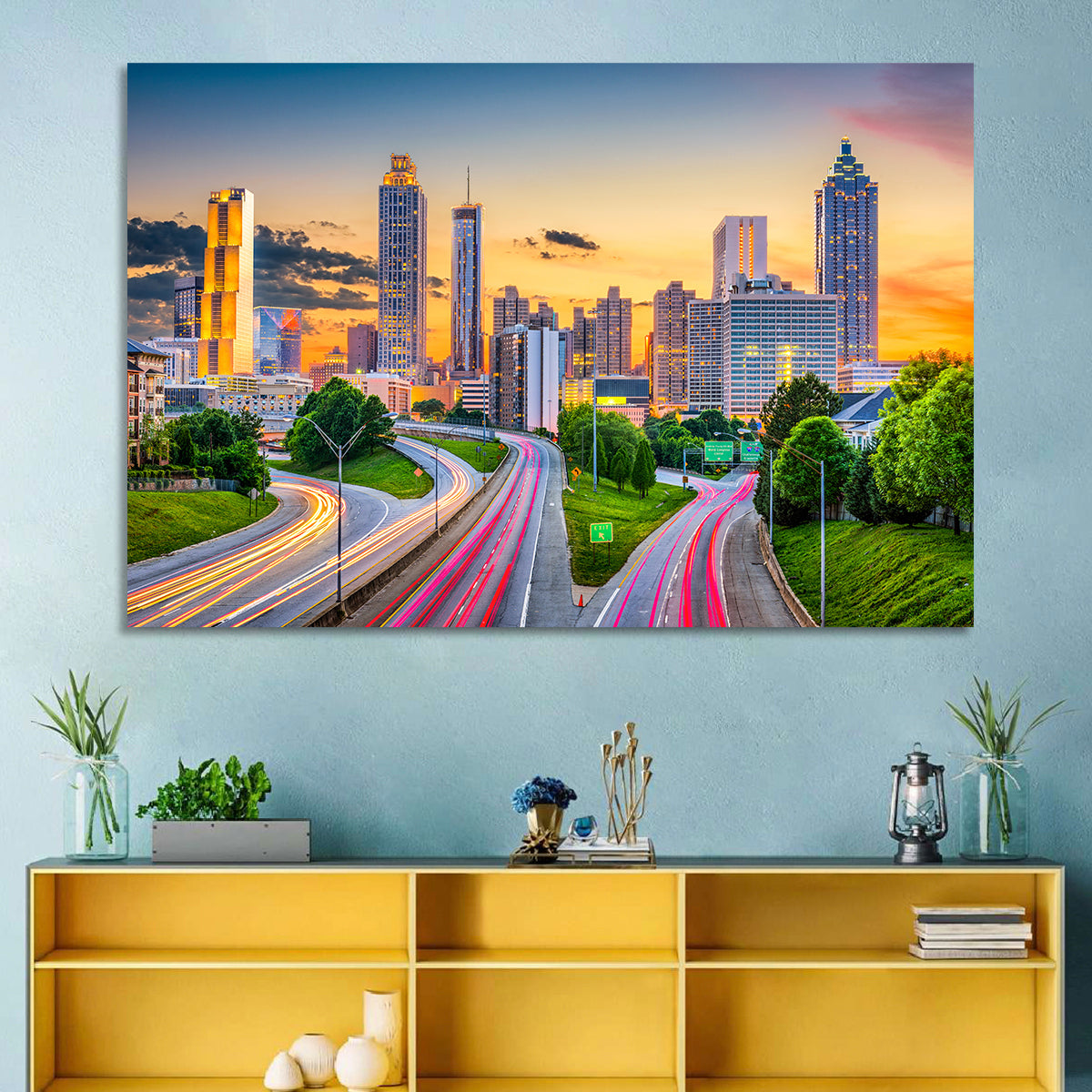 Atlanta Skyline at Dusk Wall Art in a room, landscape