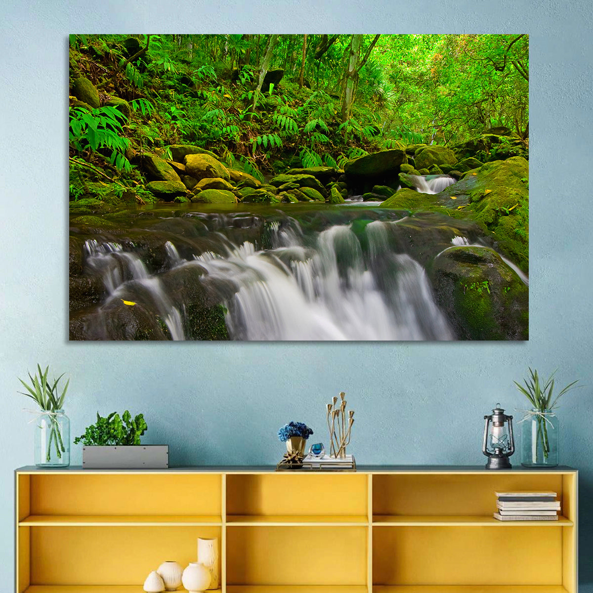 Emerald Jungle Stream Wall Art in a room, landscape