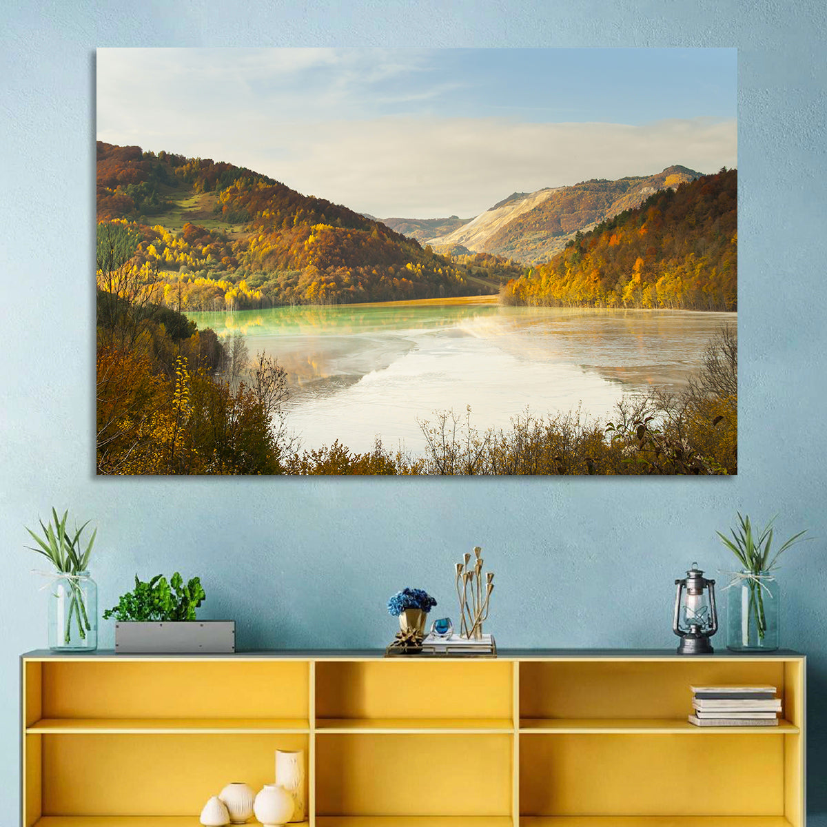 Bright Green Tailings Lake Wall Art in a room, landscape