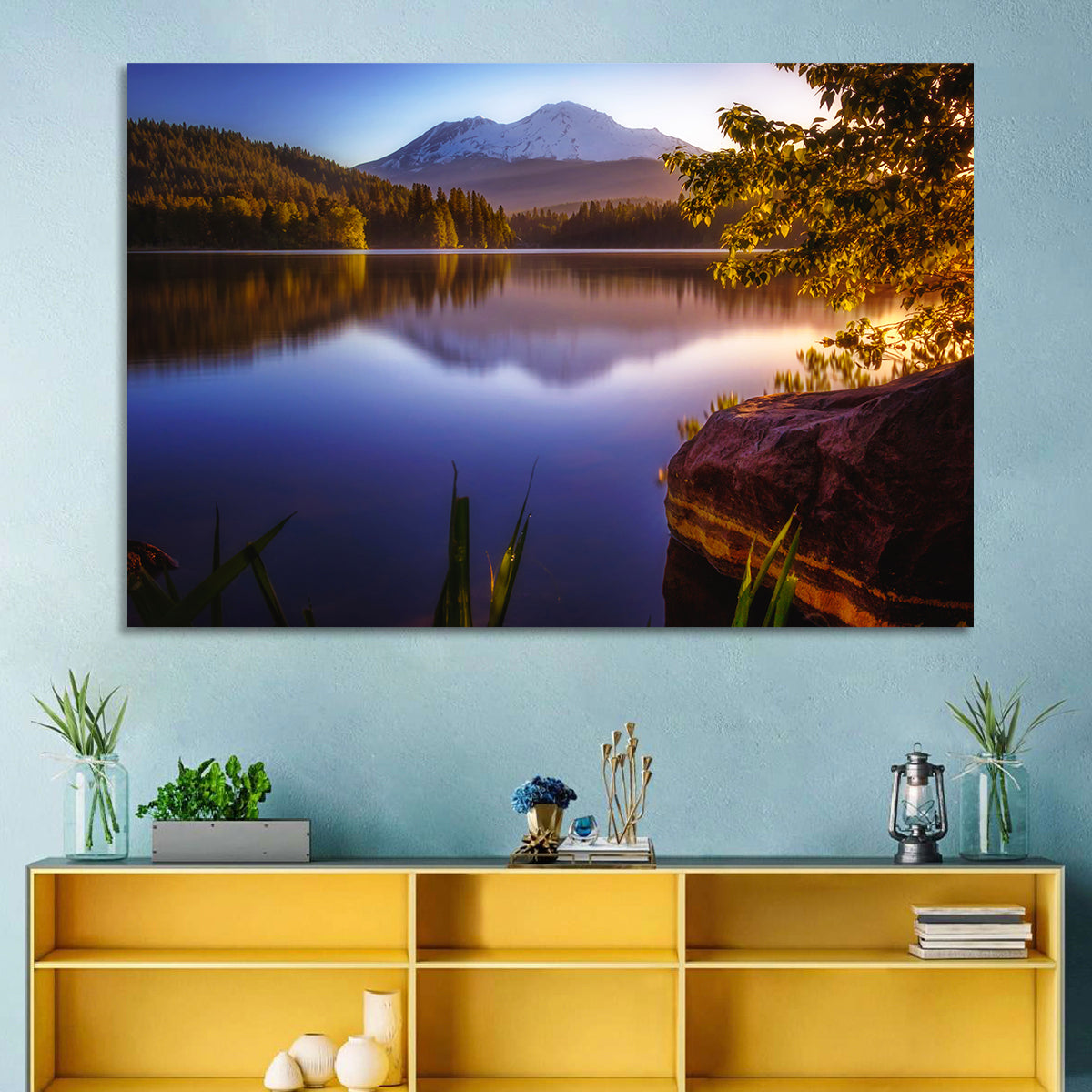 Mt Shasta Reflection at Lake Siskiyou Wall Art in a room, landscape