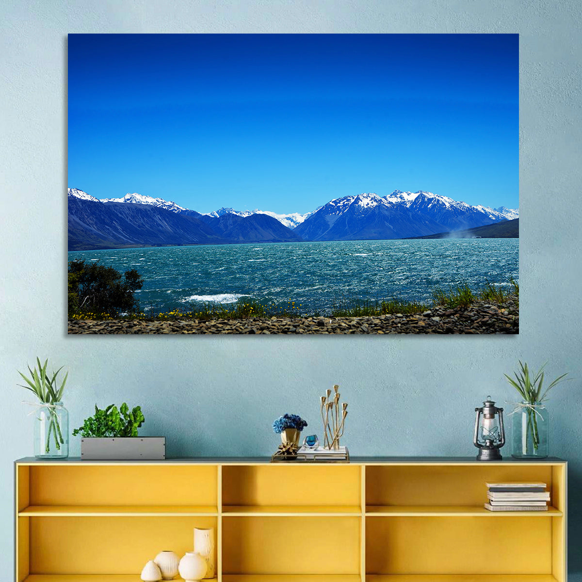 Lake Ohau Snow Peaks Wall Art in a room, landscape