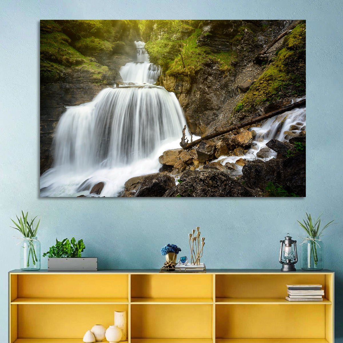 White Cascade Over Mossy Rocks Wall Art