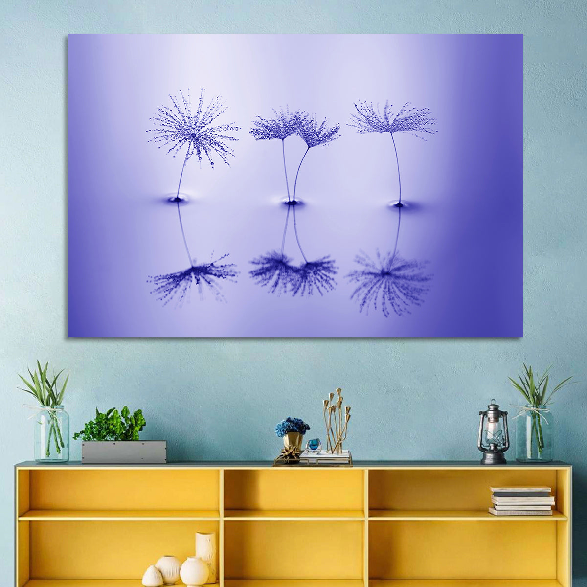 Blue Dandelion Seeds with Reflections Wall Art in a room, landscape
