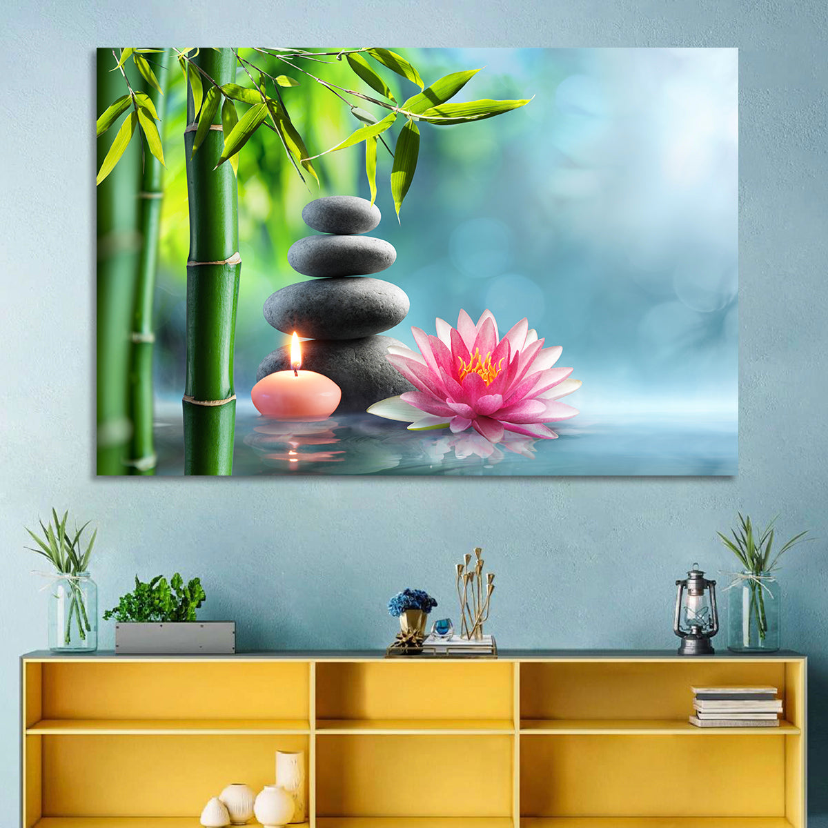 Zen Massage Stones with Waterlily Wall Art in a room, landscape