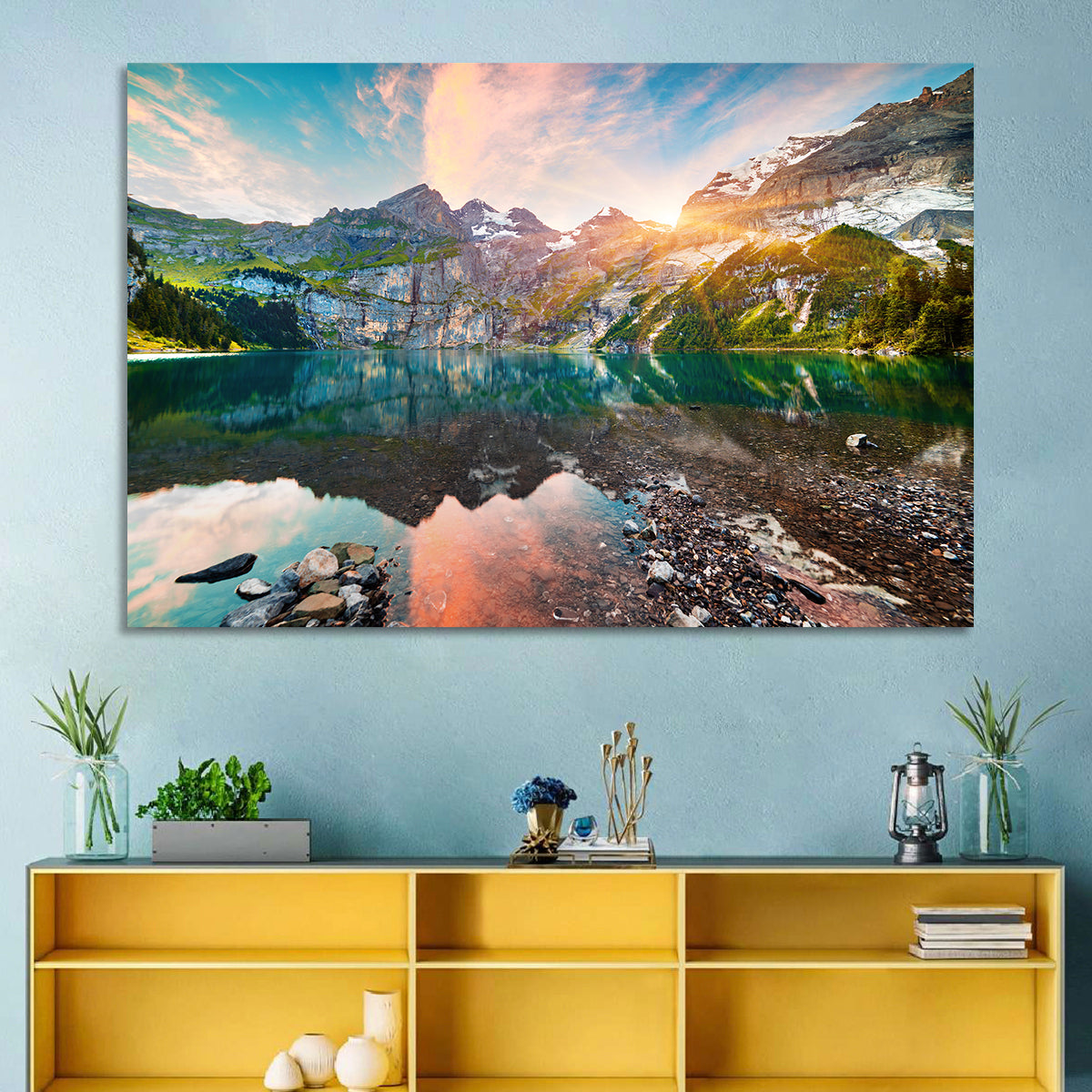 Oeschinensee Reflection Wall Art in a room, landscape