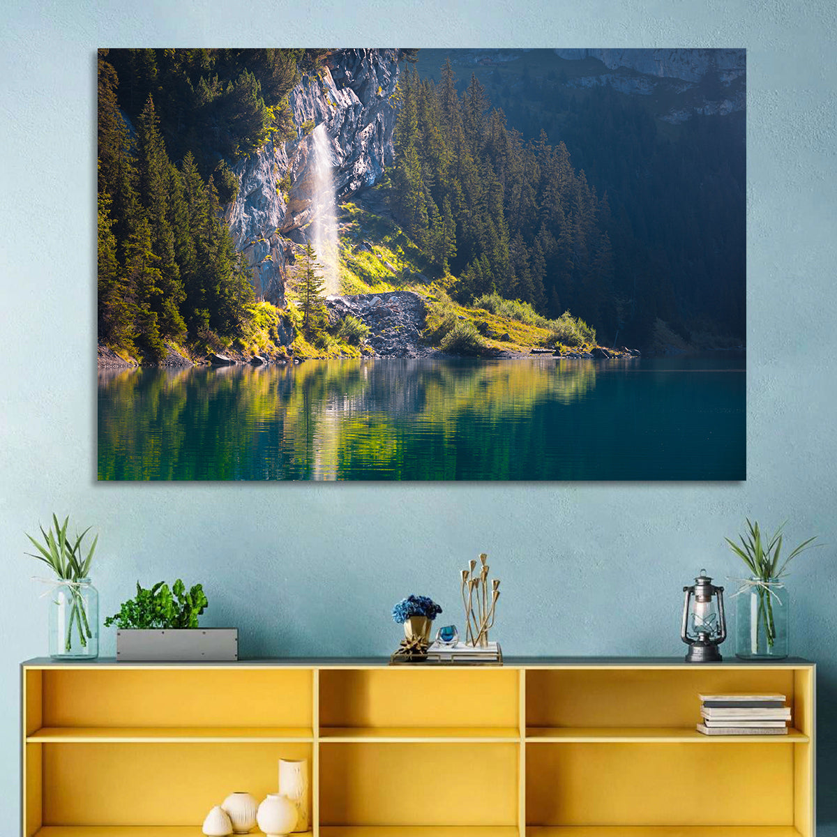Lake Oeschinen Waterfall Reflection Wall Art in a room, landscape