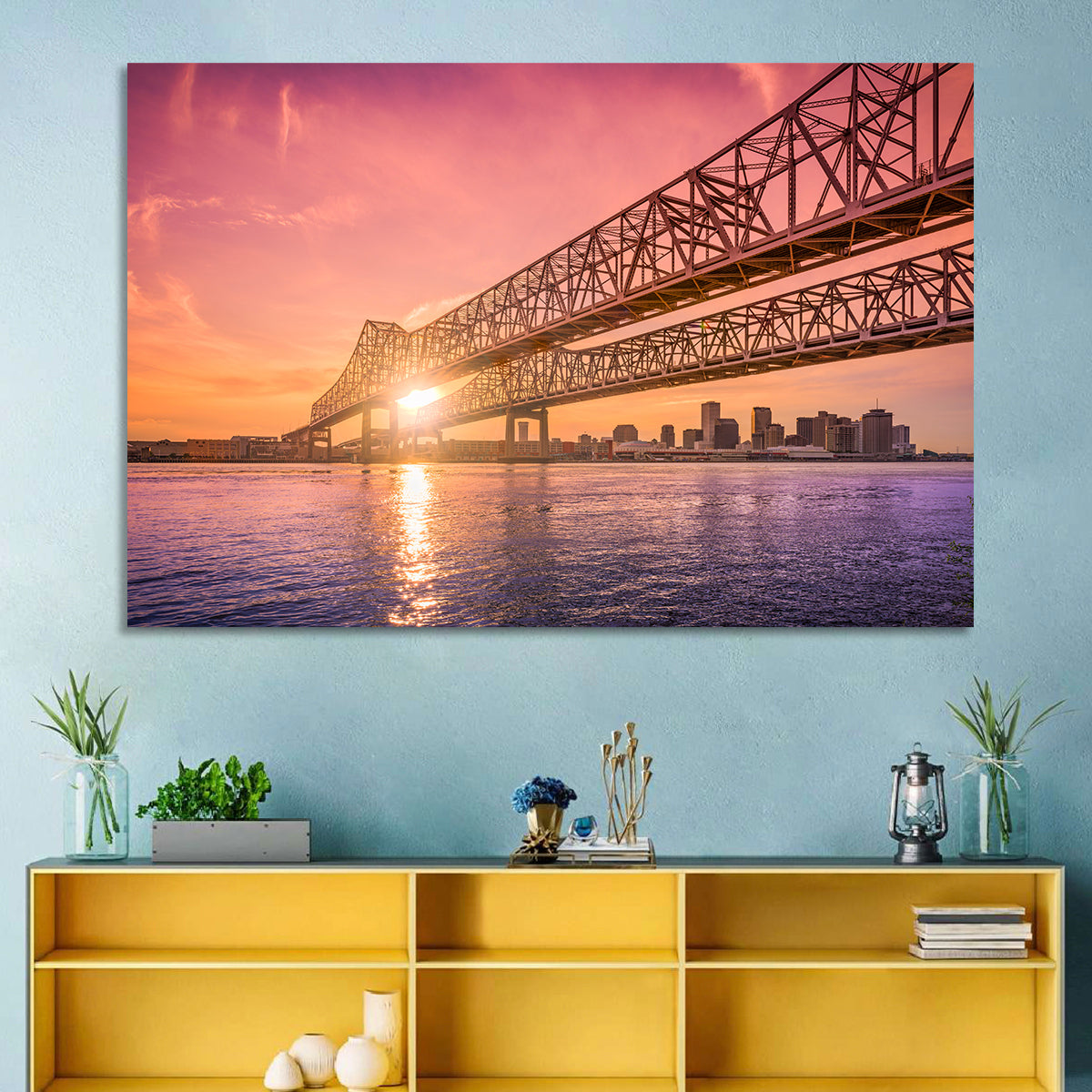 Crescent City Connection at Sunset Wall Art in a room, landscape