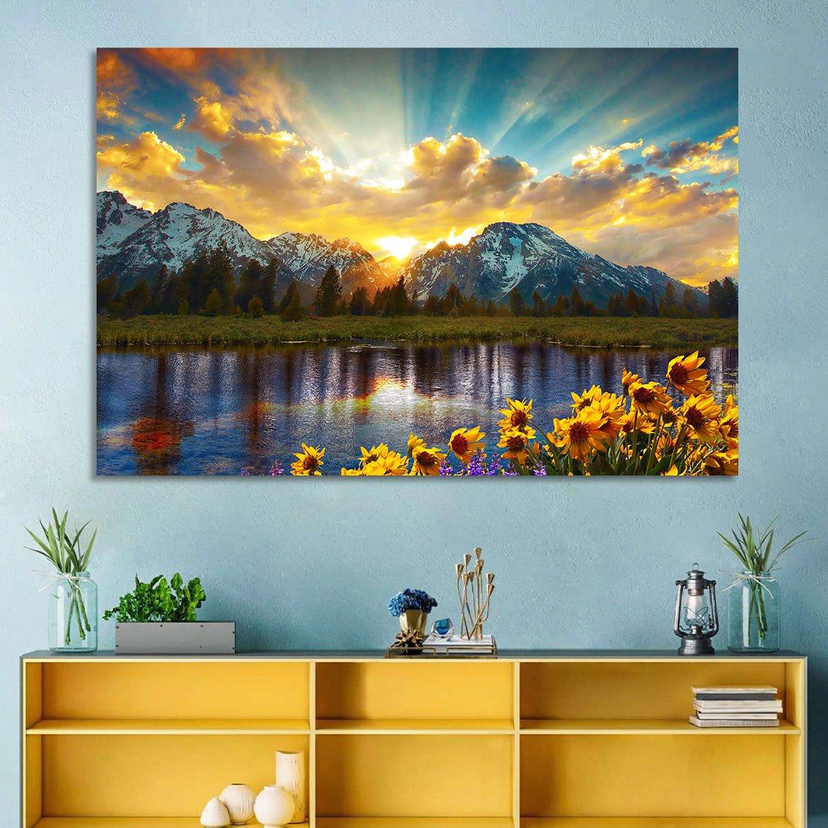 Grand Teton Sunrise Reflection Wall Art in a room, landscape