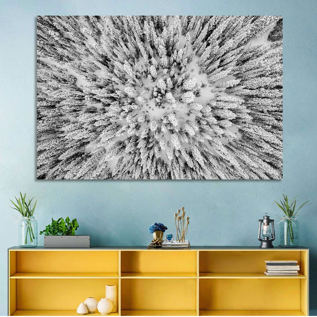 Snowy Aerial Forest Wall Art in a room, landscape