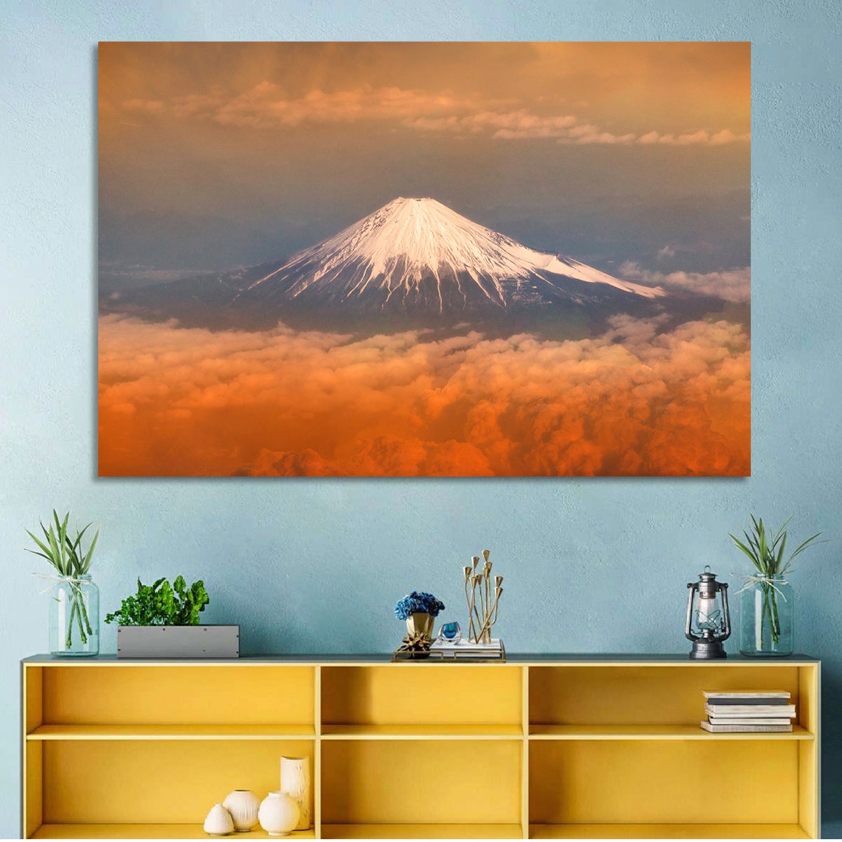 Snow-capped Mount Fuji at Sunset Wall Art in a room, landscape