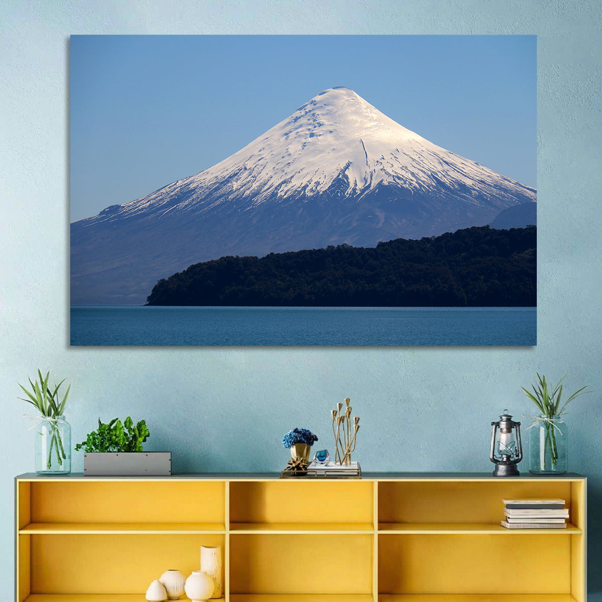 Snow-capped Osorno Volcano Over Lake Wall Art in a room, landscape